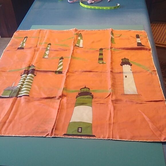 Vintage Silk? Lighthouse Nautical Rolled Hem Scarf Cottagecore Grandmacore - Picture 1 of 11